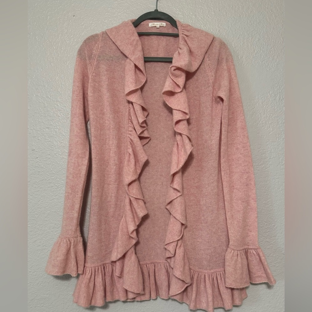 Minnie Rose Dusty Pink Ruffled Cardigan 100% Cashemere